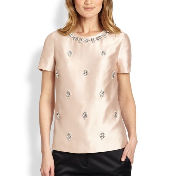 Tory Burch VESPER Bead-Embellished Woven Silk Top Blouse Blush Champagne 0 Nwt - Picture 1 of 12